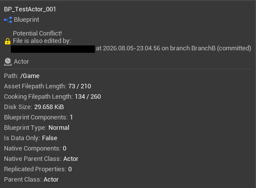 Unreal Engine asset tooltip showing a potential conflict and who else edited the file, when, and on which branch
