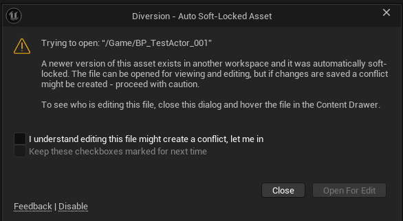 Unreal Engine dialog warning that an asset is auto soft-locked, with an option to open it for edit anyway