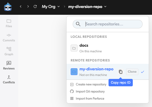 Repository menu in the breadcrumbs with the Copy repo ID button