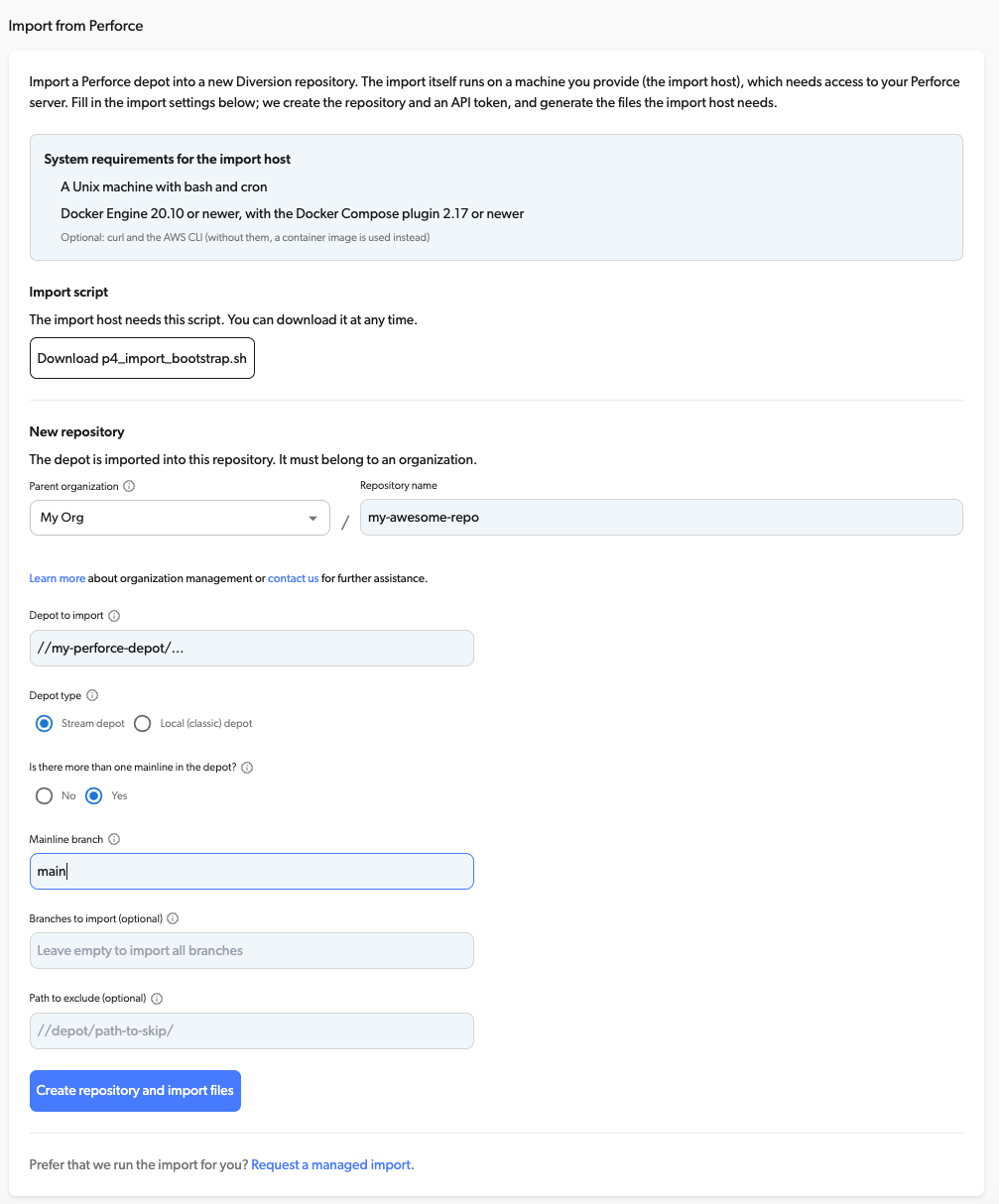 Import from Perforce page with the repository and import settings filled in