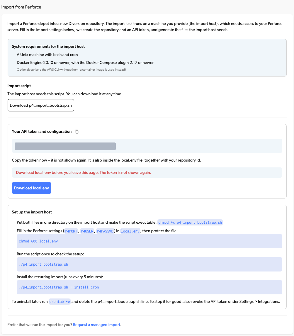 API token, Download local.env button and import host setup steps