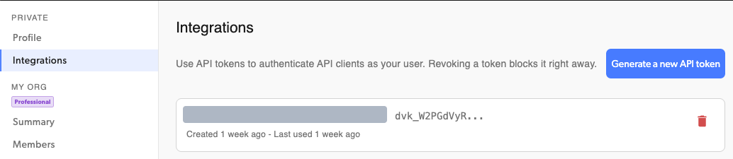 Integrations page with the Generate a new API token button