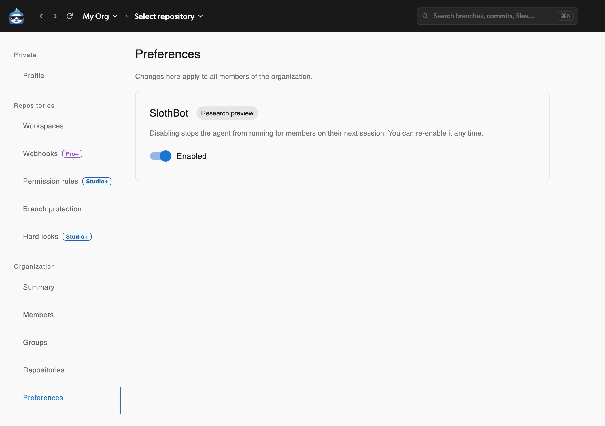 The SlothBot toggle on the organization Preferences page