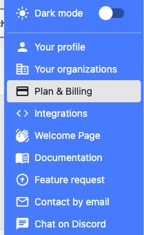Plan and Billing menu option in the user dropdown