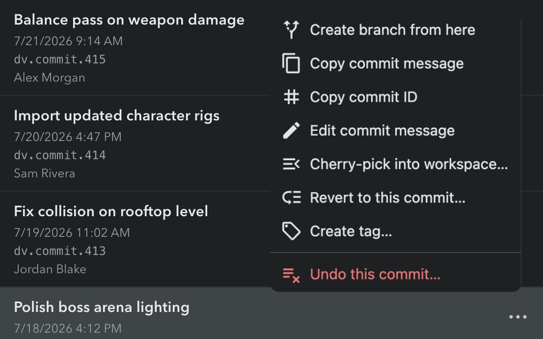 Commit menu with the Create tag option