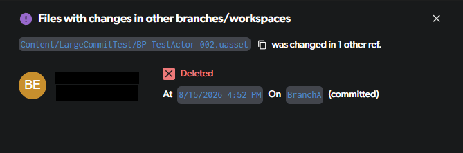 Panel showing a file was changed in another ref, by whom, when, and on which branch