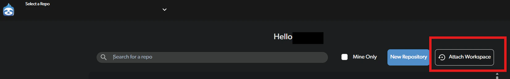 Attach Workspace button on the dashboard