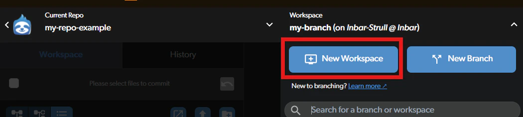 The new workspace button in the branch and workspace view
