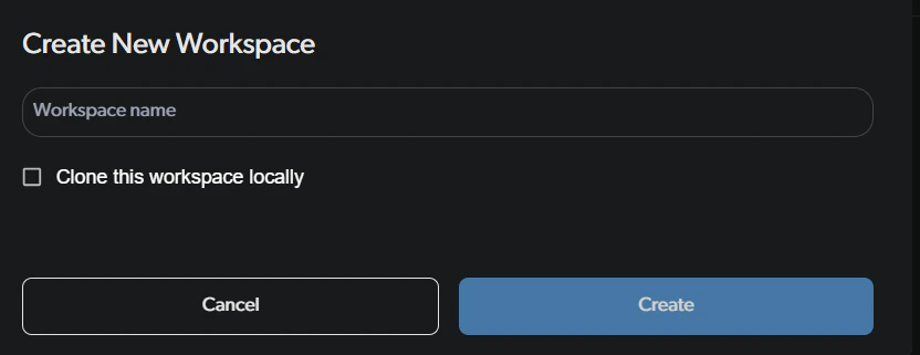 The create new workspace dialog
