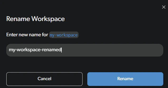 The rename workspace dialog