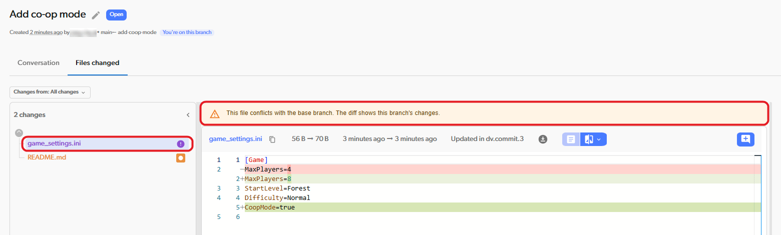 Message above the diff saying the file conflicts with the base branch