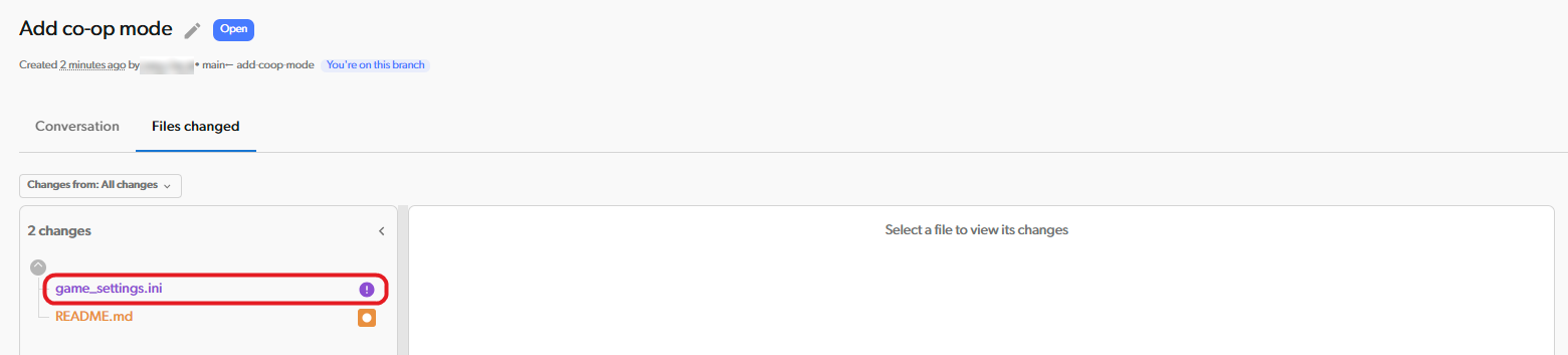 Warning icon next to a conflicting file on the Files changed tab