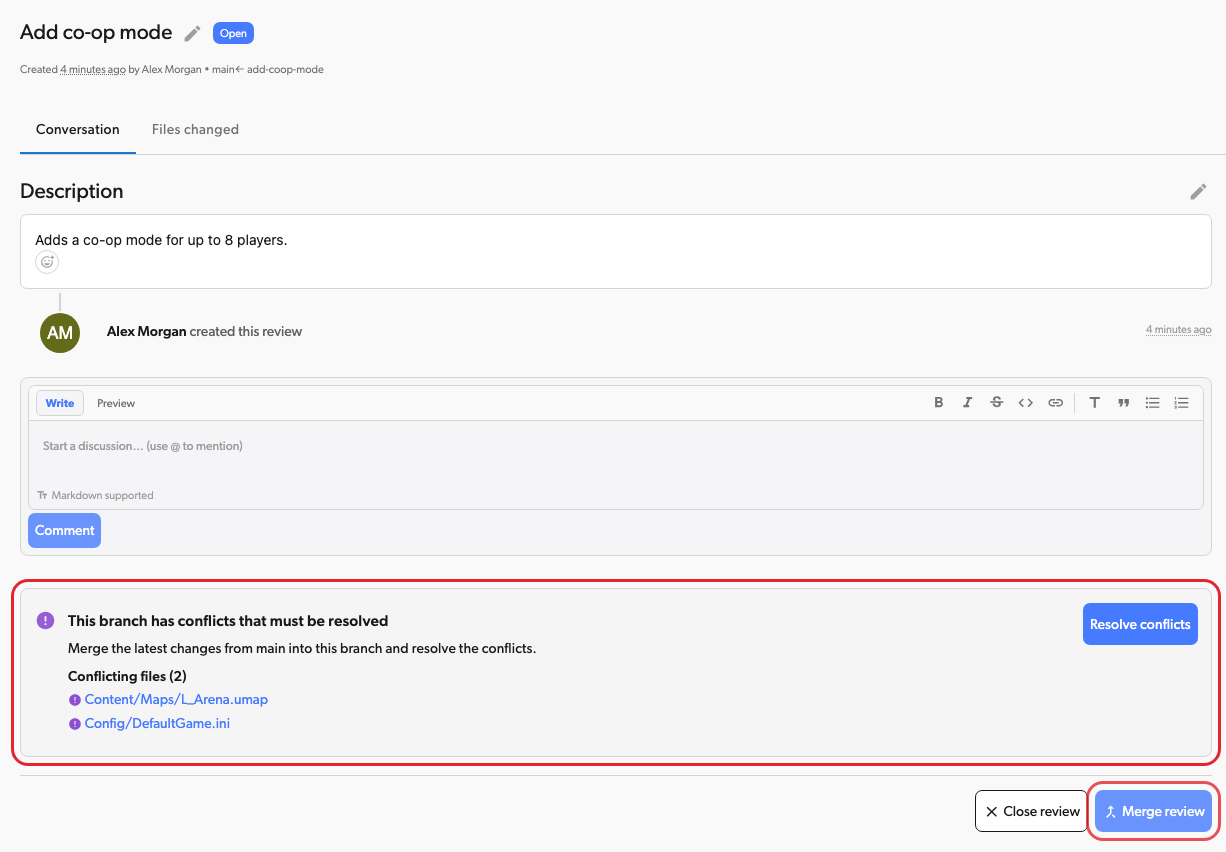 Conflict banner with the conflicting files and the Resolve conflicts button, above a disabled Merge review button