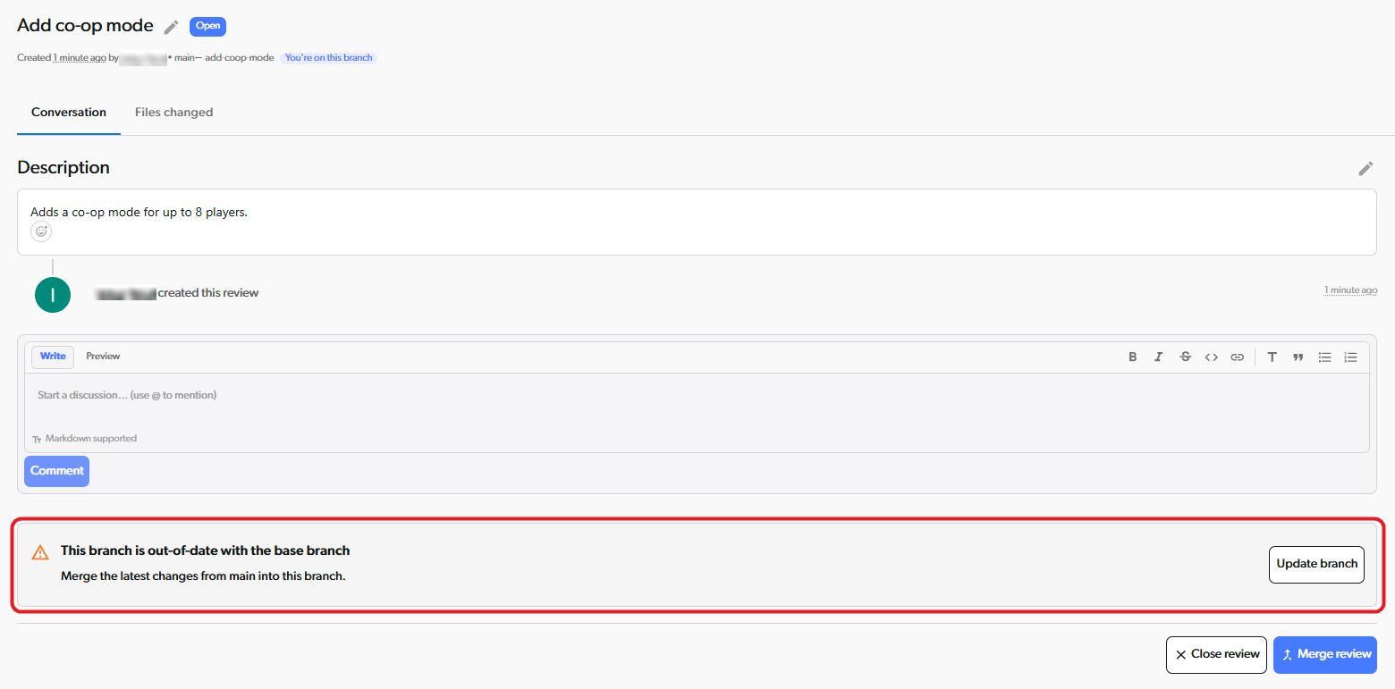 Out-of-date banner with the Update branch button on the Conversation tab