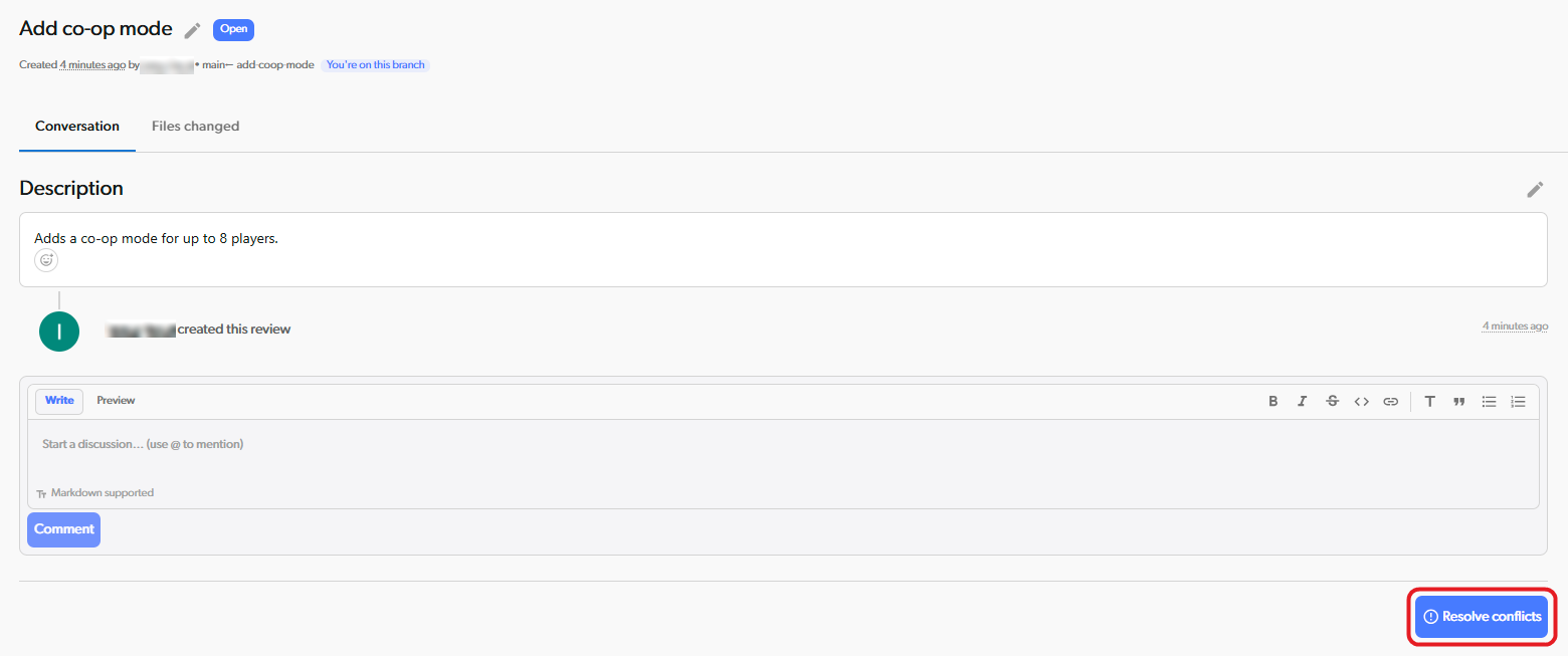 Resolve conflicts button on the Conversation tab