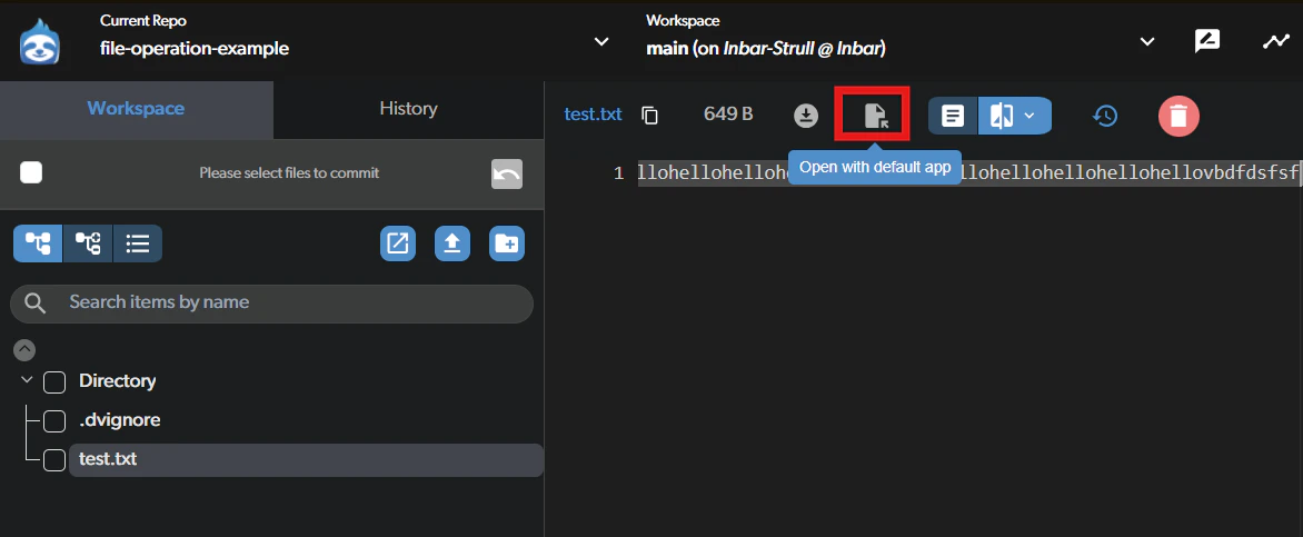 Open with default app button in file title bar