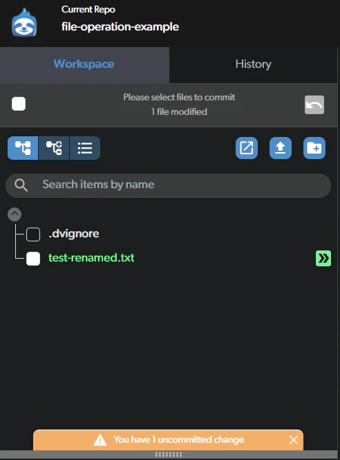 Renamed file shown in green with double arrow icon