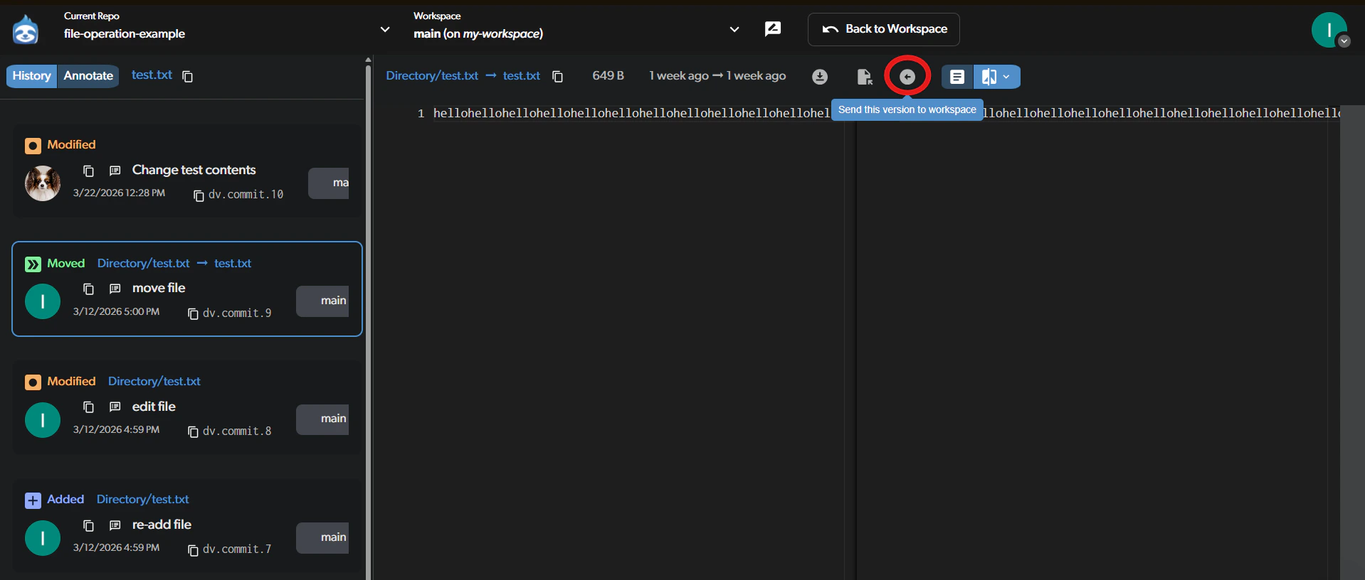 Send this version to workspace button in file title bar