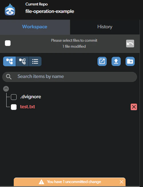 Deleted file shown in red with x icon