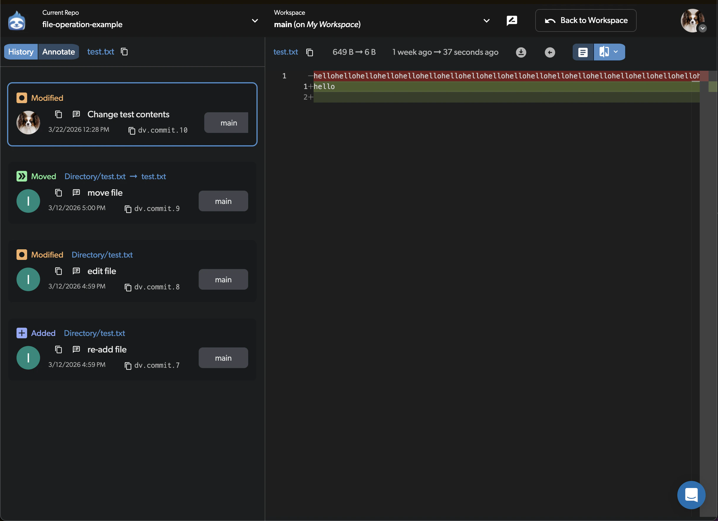 File history page showing commits
