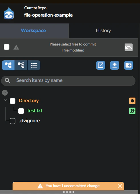 Moved file shown in green with double arrow icon