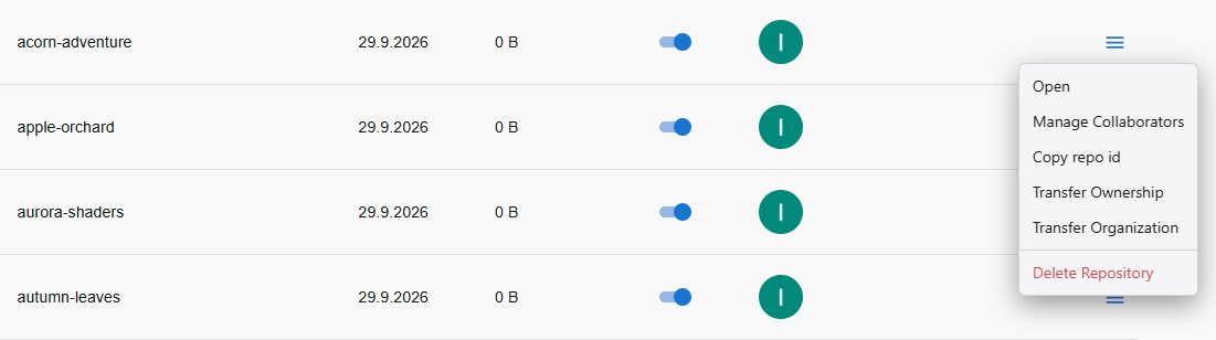 Repository actions menu