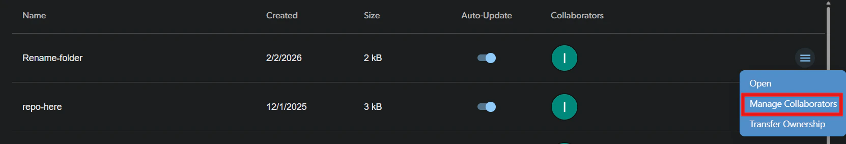 Manage collaborators dialog