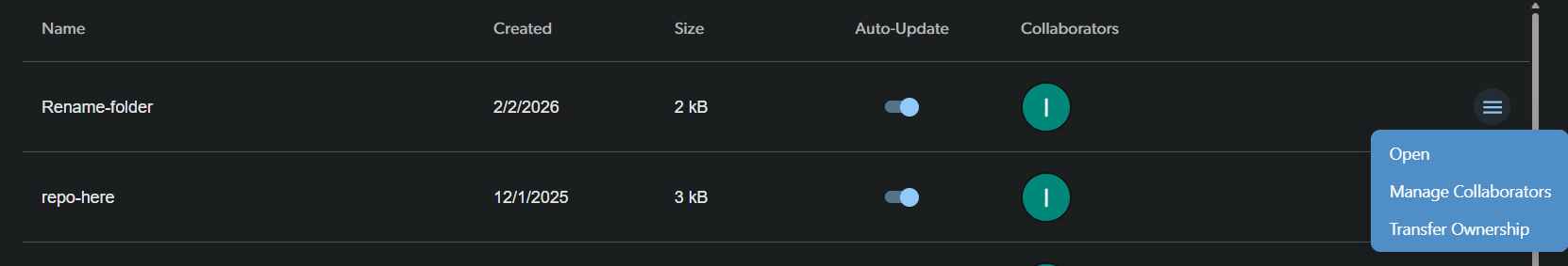 Repository actions menu