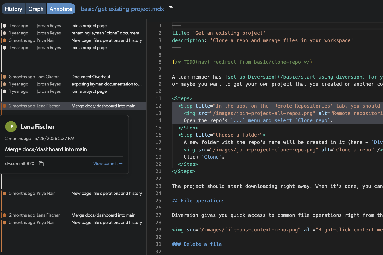 Annotate tooltip showing commit details on hover