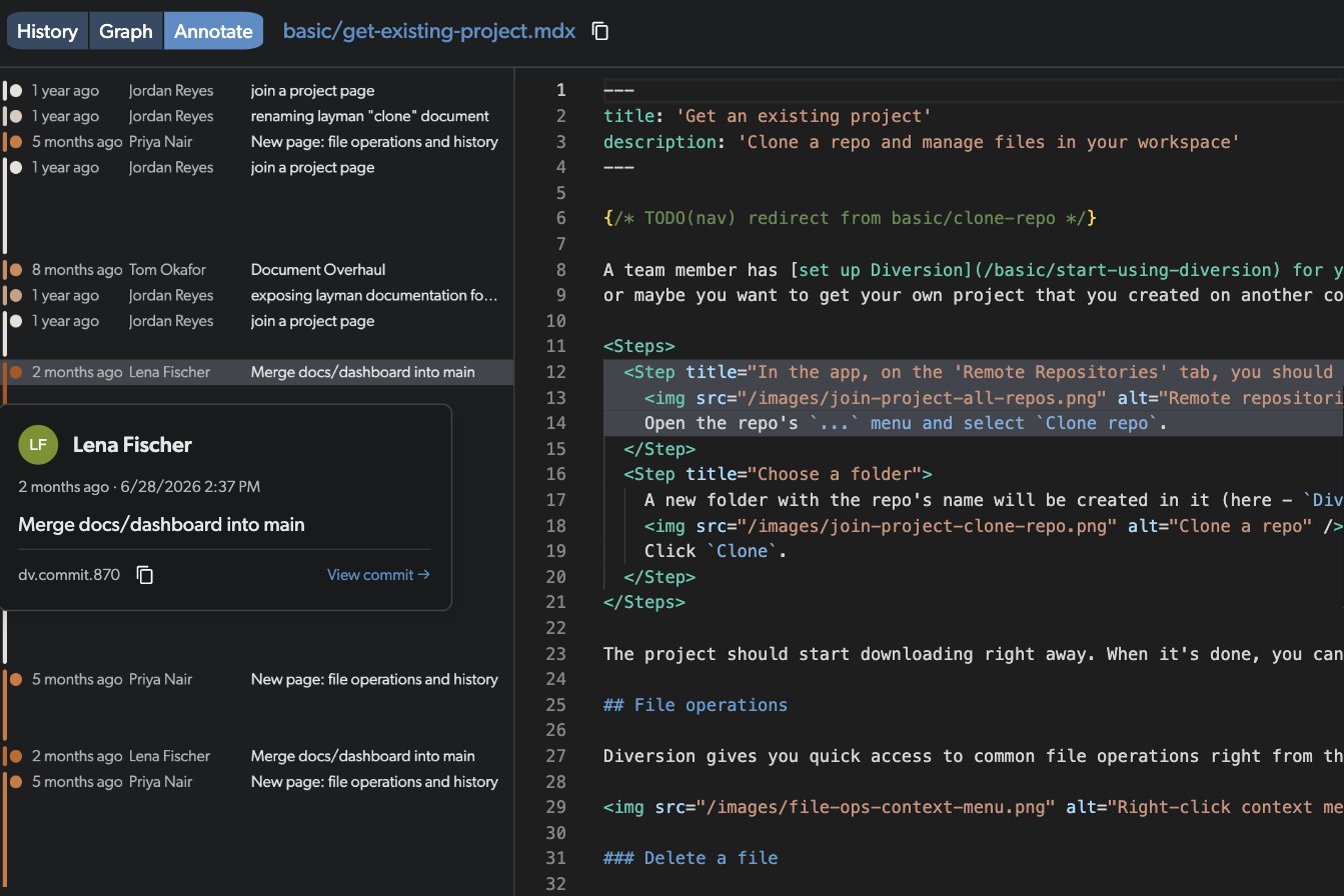 Annotate tooltip showing commit details on hover