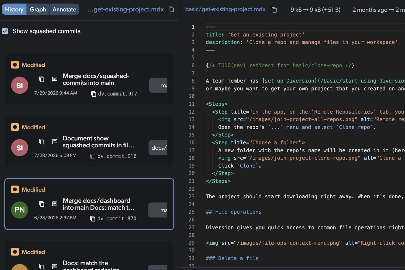 File history page showing commits