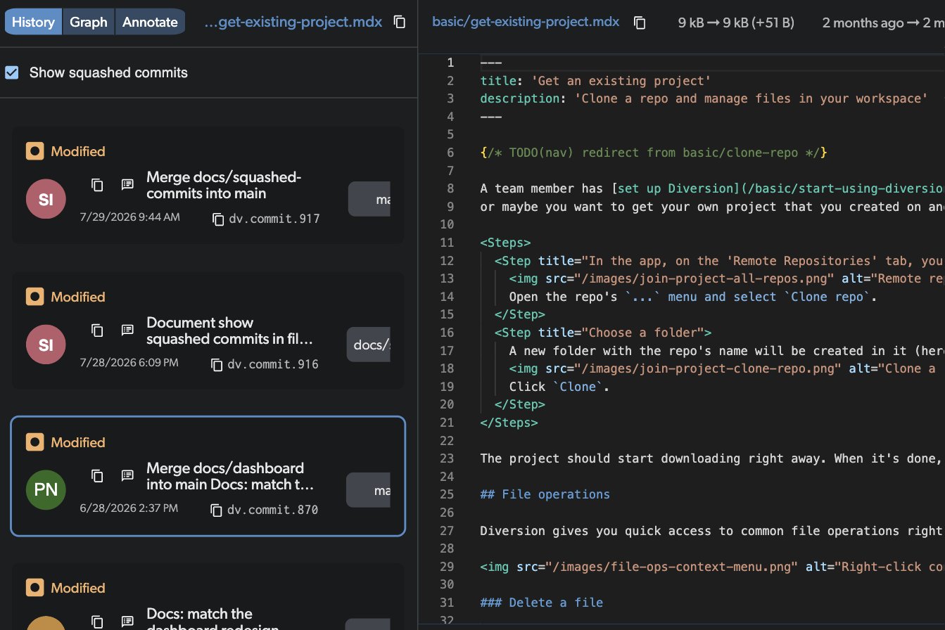 File history page showing commits