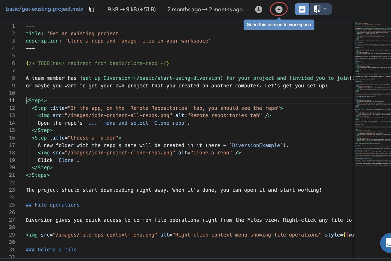 Send this version to workspace button in file title bar