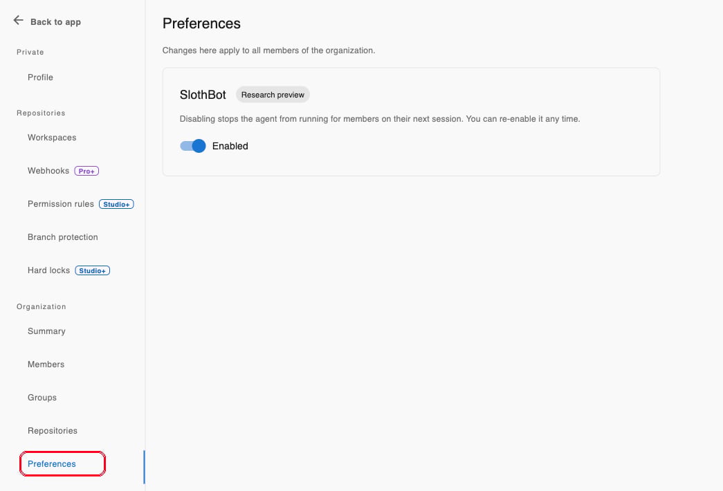 The SlothBot toggle on the organization Preferences page