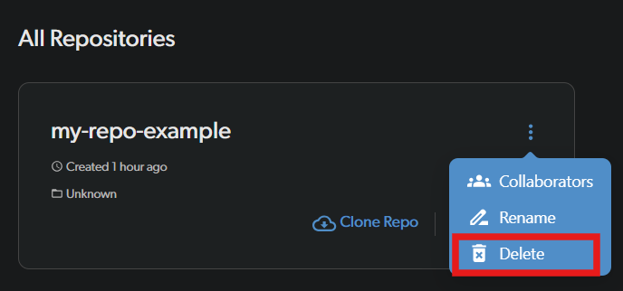 Delete option in repo card menu