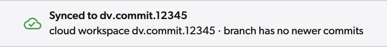 Workspace header reading Synced to dv.commit.12345, cloud workspace dv.commit.12345, branch has no newer commits