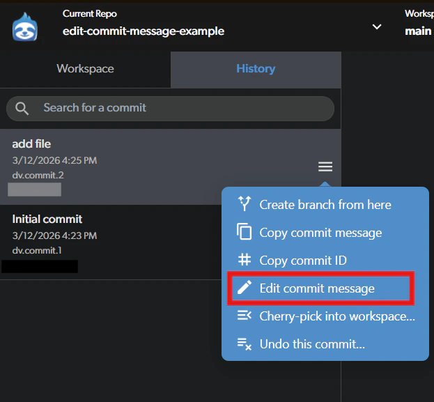 Edit commit message menu option