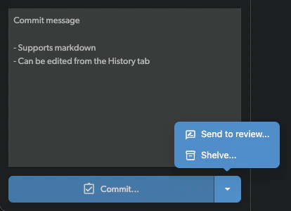 Commit button dropdown with Send to review option