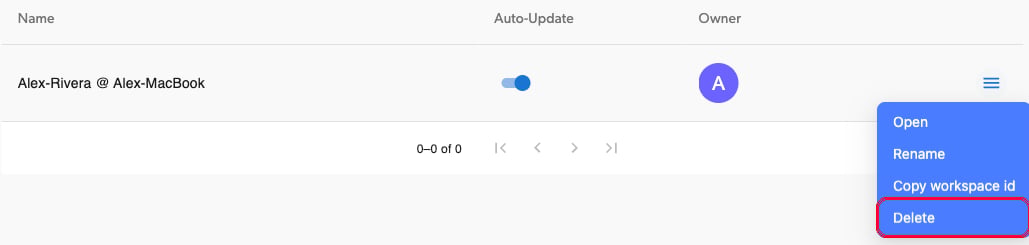 Workspace row actions menu with Delete option