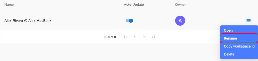 Workspace row actions menu with Rename option