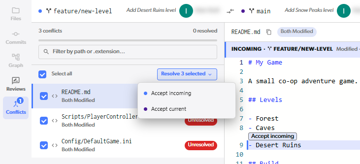 The Resolve N selected menu