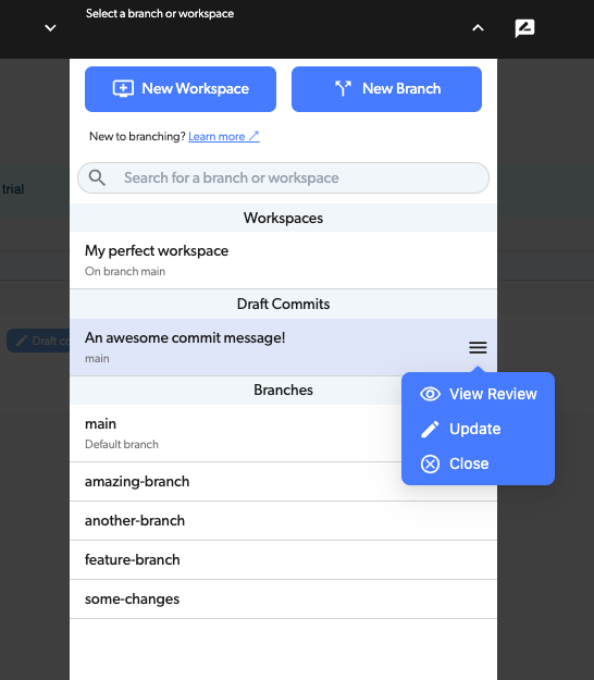 Draft commits in the branch dropdown