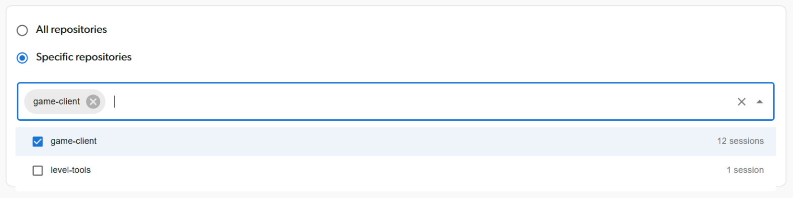 The Choose repositories list with the number of sessions in each repository