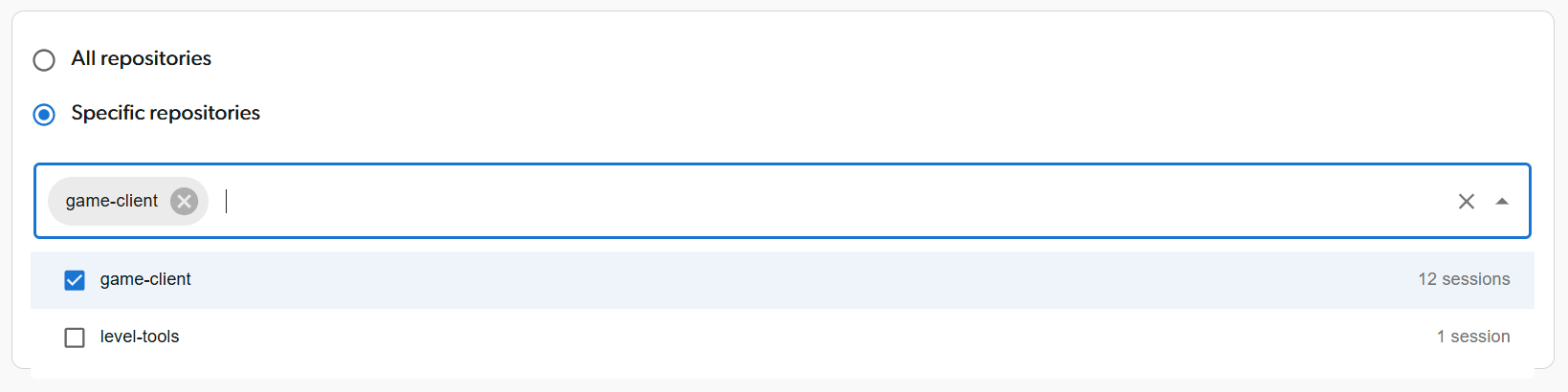 The Choose repositories list with the number of sessions in each repository