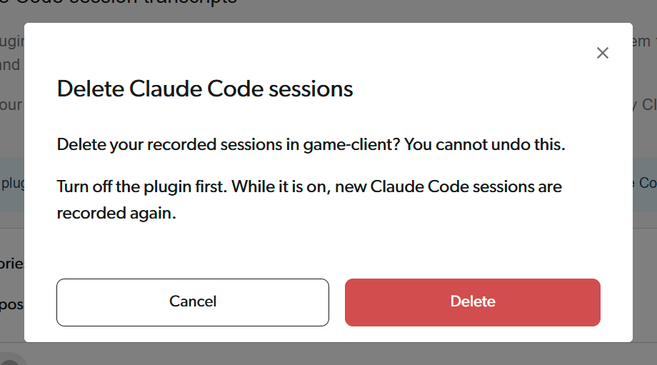 The Delete Claude Code sessions dialog