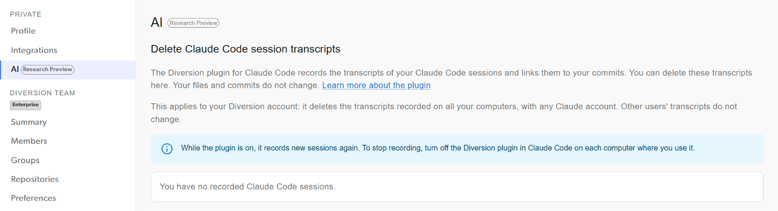 The Settings > AI page after the deletion, with no recorded sessions