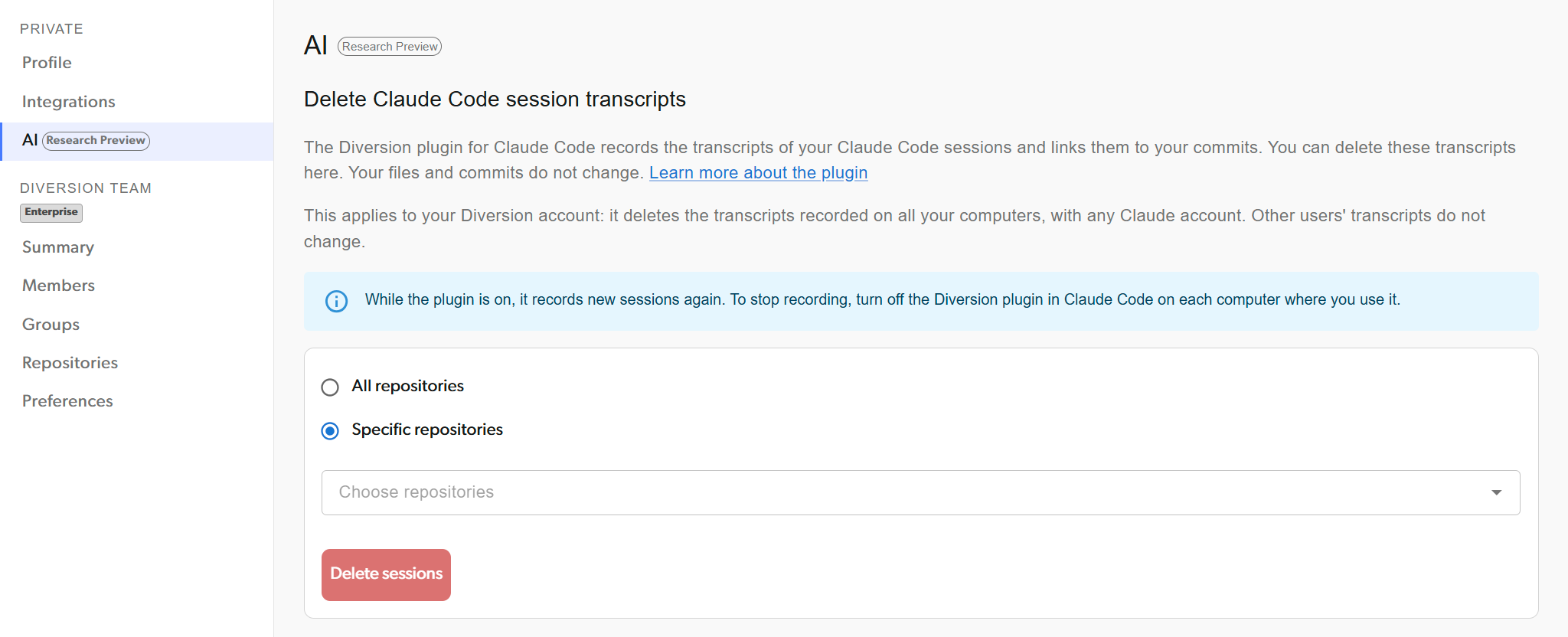 The Settings > AI page with the Delete Claude Code session transcripts section