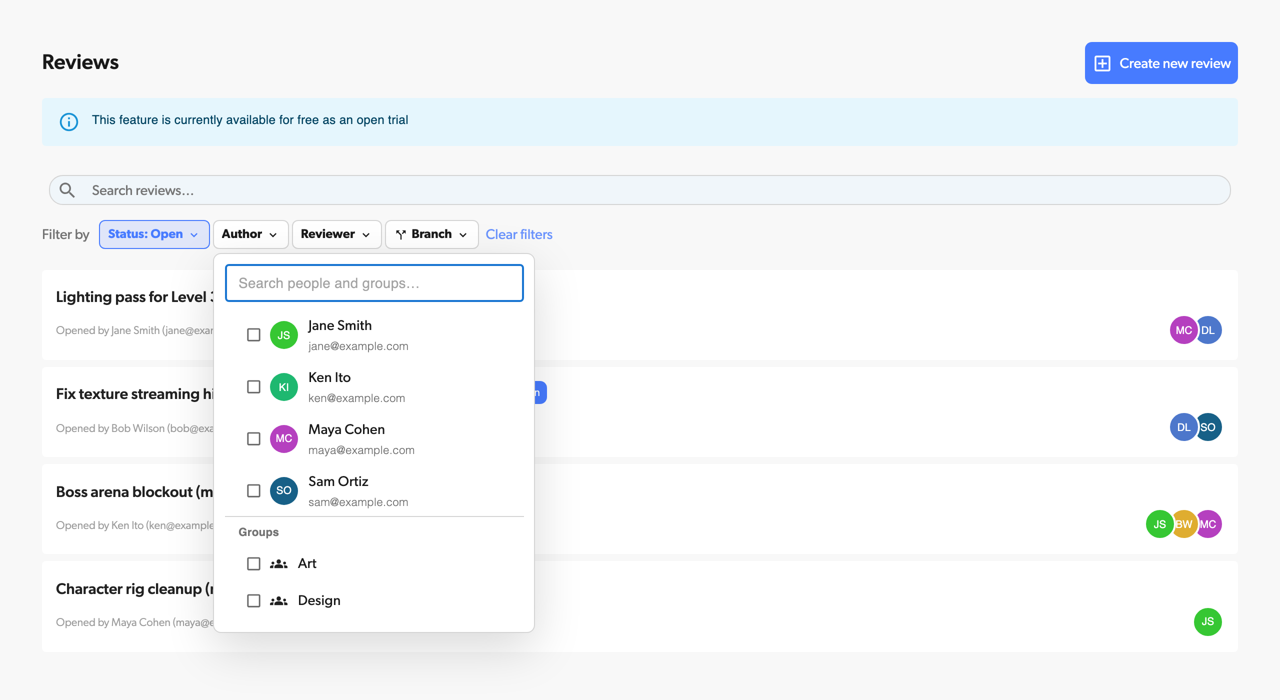 Author filter with people and groups