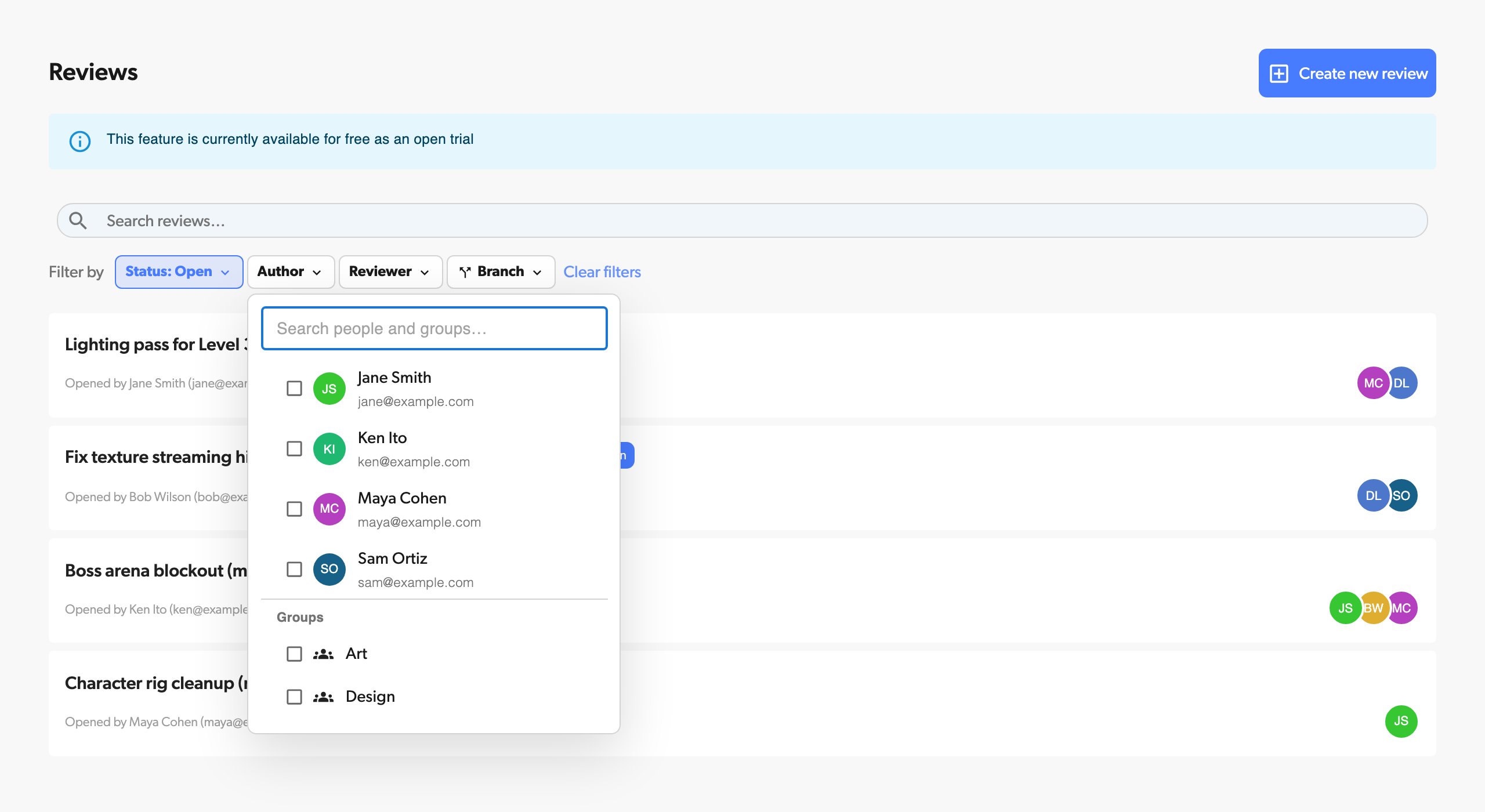 Author filter with people and groups