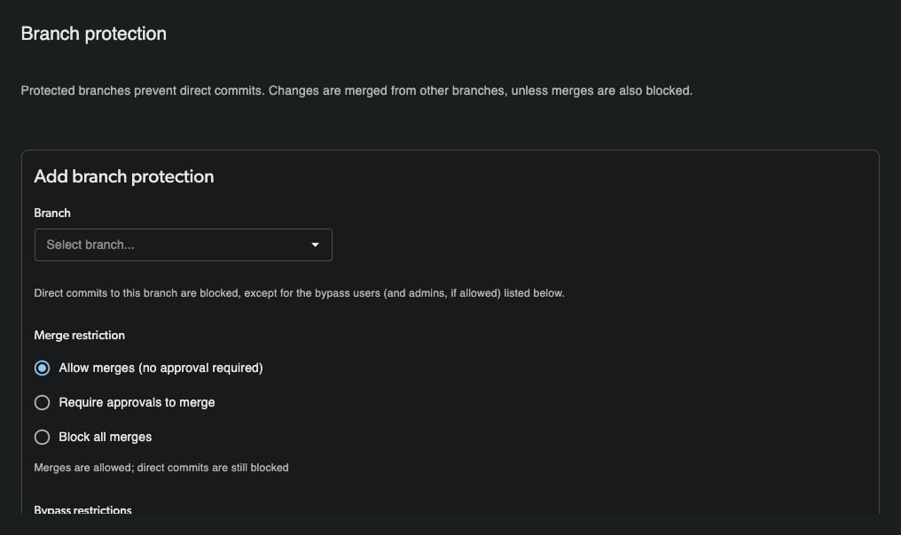 Branch protection settings page with the Add branch protection form